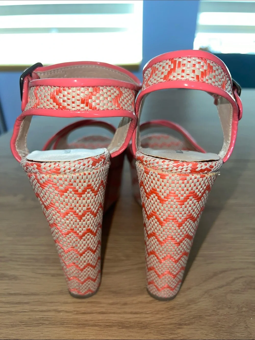 NWOB Madden Girl Coral & Cream Woven Platform Wedges with Ankle Strap